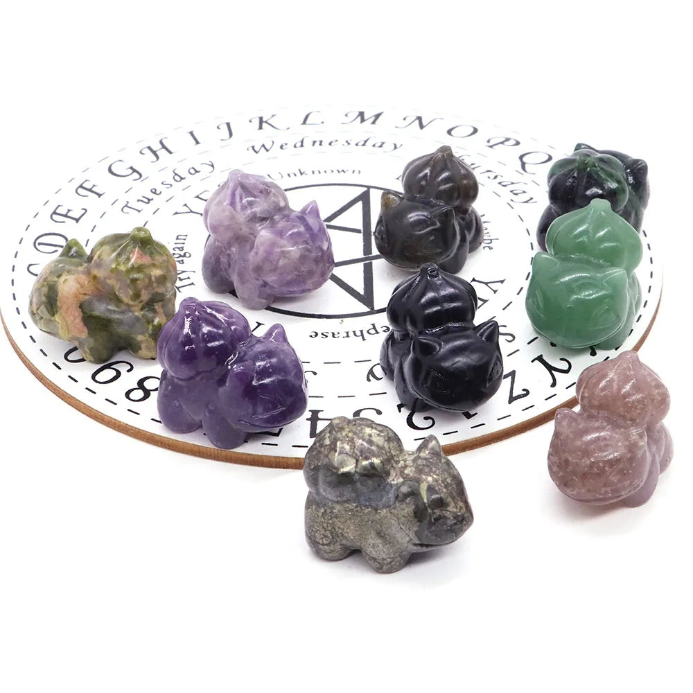 1.2" Natural Crystal Stone Squirtle Bikachu Statue Fantast Baby Cartoon Gemstone Carved Healing Home Room Decor Holiday Gift