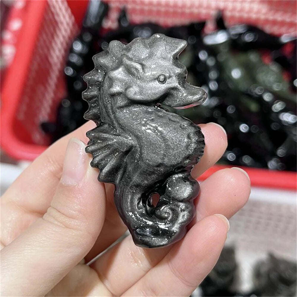 1PCS Natural Silver Obsidian Seahorse Carving Statue Healing Fengshui Sculpture for Home Decoration Unique Holiday Gift