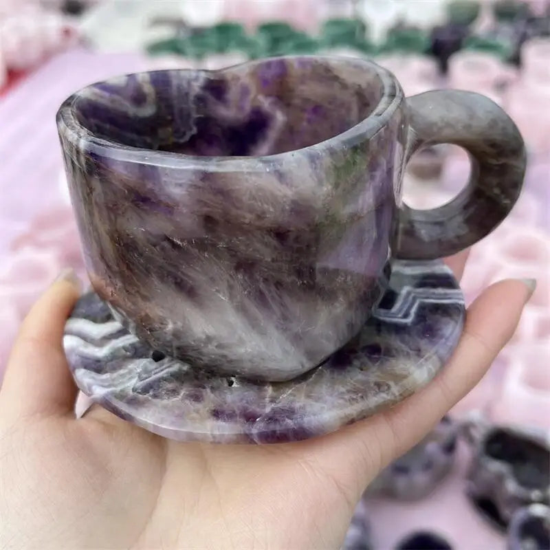 Natural Dream Amethyst Teacup Carving Ornament Healing Fengshui Stone Reiki Gemstone For Home Decor Gifts 1PCS