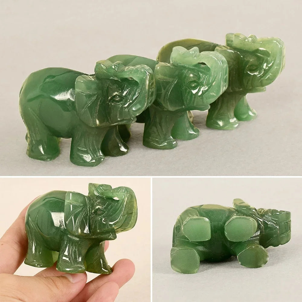 Classic Green Pink Jade Stone Craving Lucky Elephant Feng Shui Statue Figurine Home Office Ornaments