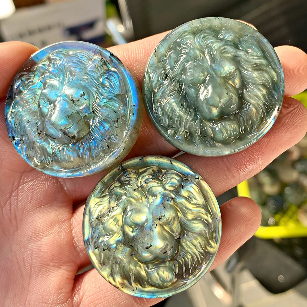 1pc Handmade Labradorite Round Plaque Lion Statue - Iridescent Play-of-Color Circular Stone for DIY Crafts - Unique Gift for Chr