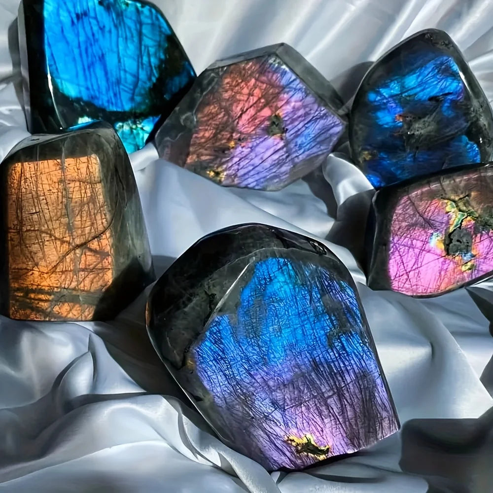 One Bohemian-style rainbow labradorite crystal sculpture - a free-form, three-dimensional gemstone with iridescent emerald hues