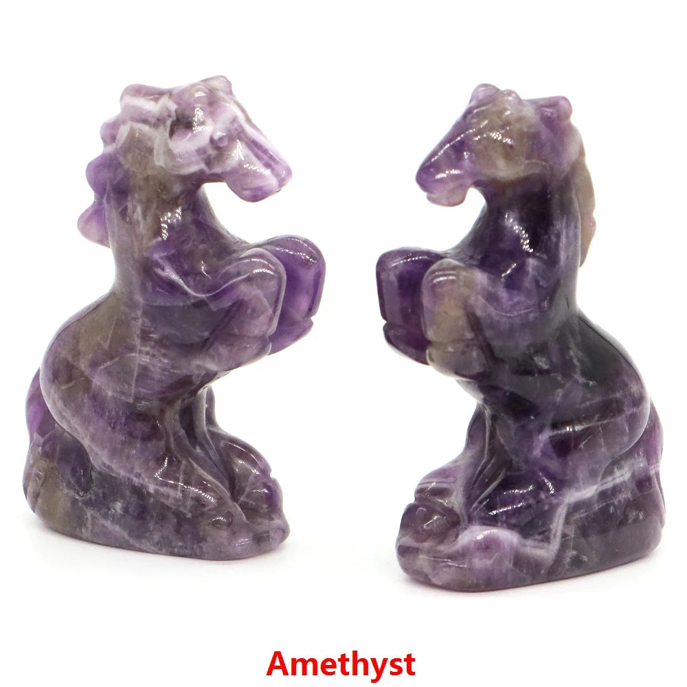 49mm Horse Statue Natural Reiki Healing Stones Amethyst Rose Quartz Carved Crystal Feng Shui Figurine Halloween Home Decor Gifts