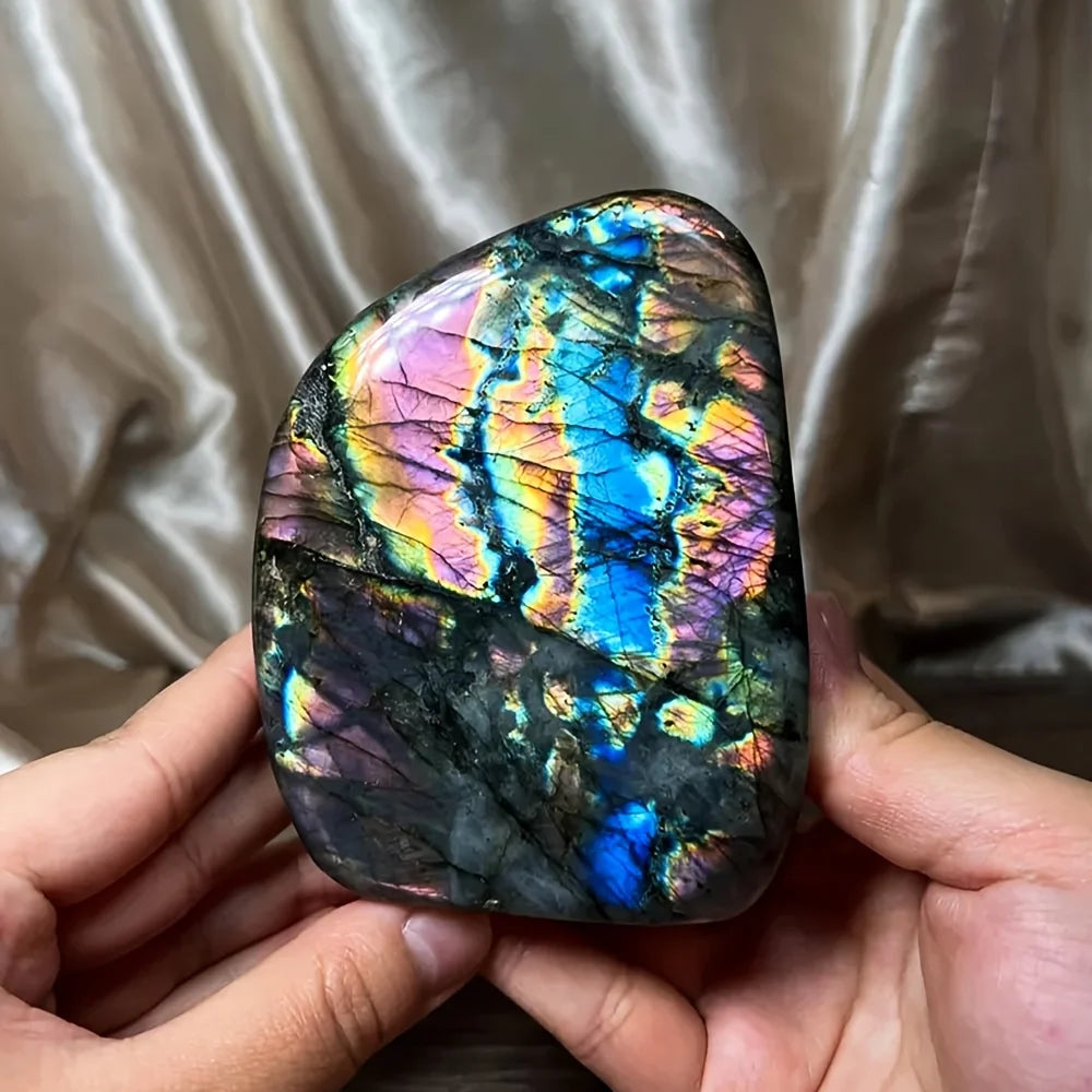 One Bohemian-style rainbow labradorite crystal sculpture - a free-form, three-dimensional gemstone with iridescent emerald hues