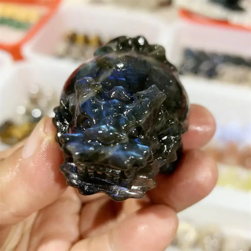 Natural Labradorite Pixiu Carving Memnon Megalith Powerful Statue For Home Room Decoration Gift 1PCS