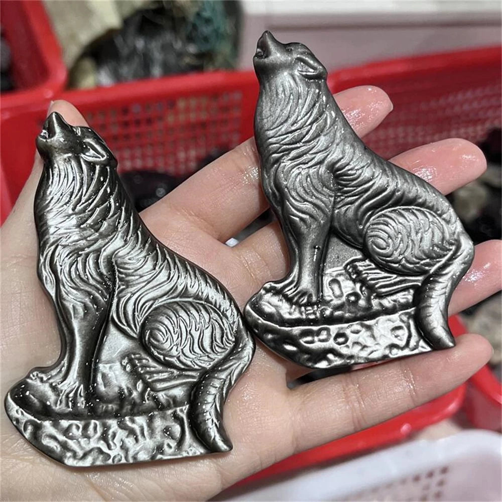 Natural silver obsidian wolf animal quartz Carving Statue Healing Fengshui Sculpture For Decoration Holiday Gift 1pcs