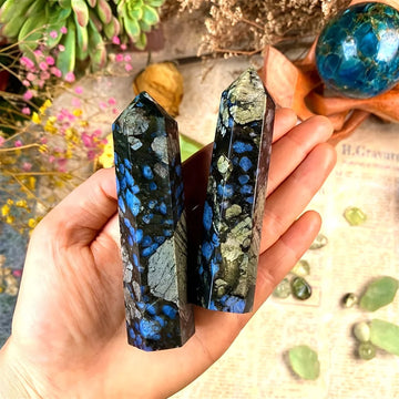 1pc Stunning Blue Larvikite Crystal Tower - Flashy, Polished Gemstone Obelisk with Intricate Patterns