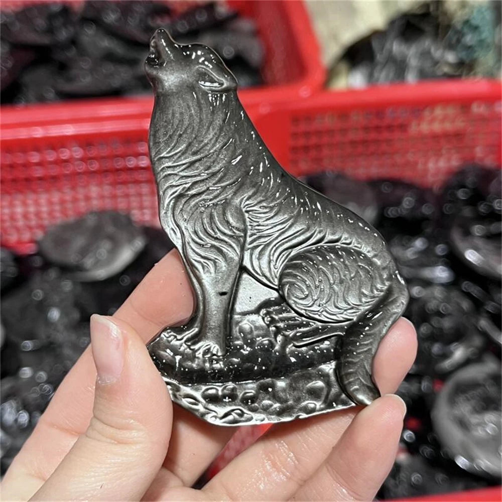 Natural silver obsidian wolf animal quartz Carving Statue Healing Fengshui Sculpture For Decoration Holiday Gift 1pcs