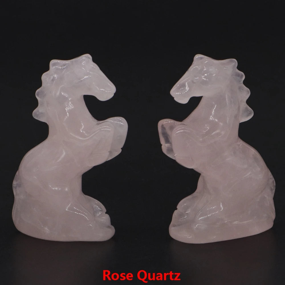 49mm Horse Statue Natural Reiki Healing Stones Amethyst Rose Quartz Carved Crystal Feng Shui Figurine Halloween Home Decor Gifts