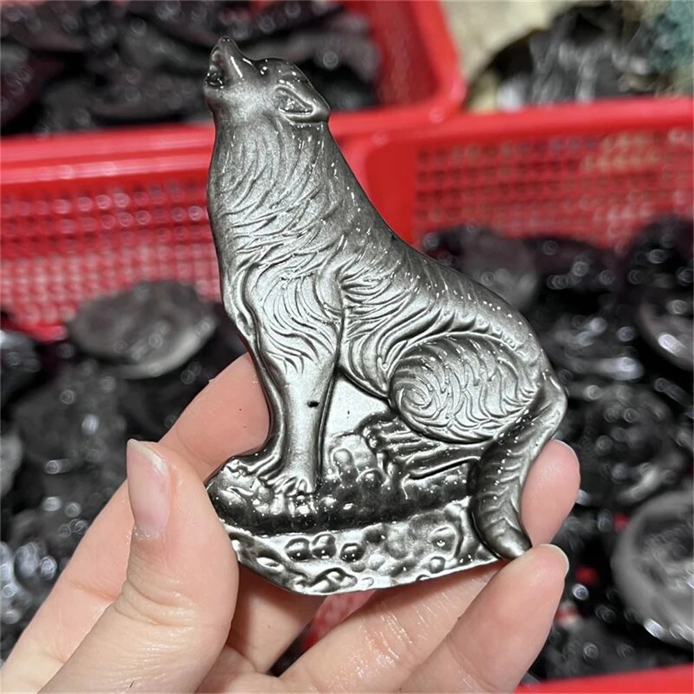 Natural silver obsidian wolf animal quartz Carving Statue Healing Fengshui Sculpture For Decoration Holiday Gift 1pcs
