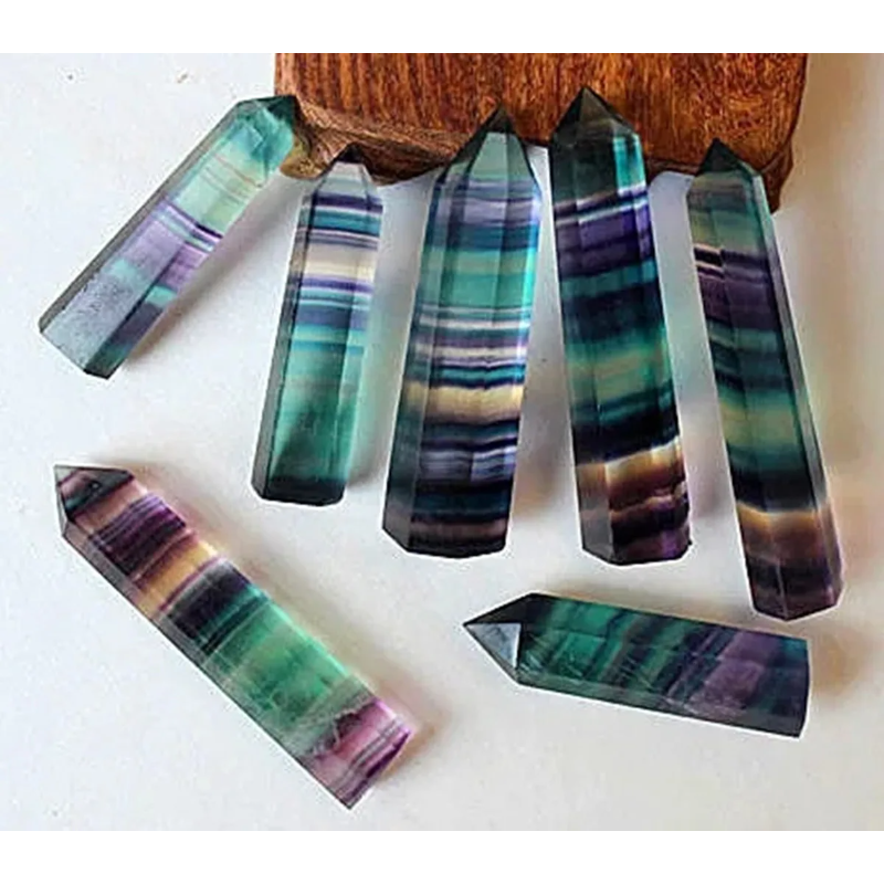 Rainbow Fluorite Crystal Wands — Set of 7 Polished Hexagonal Healing Sticks