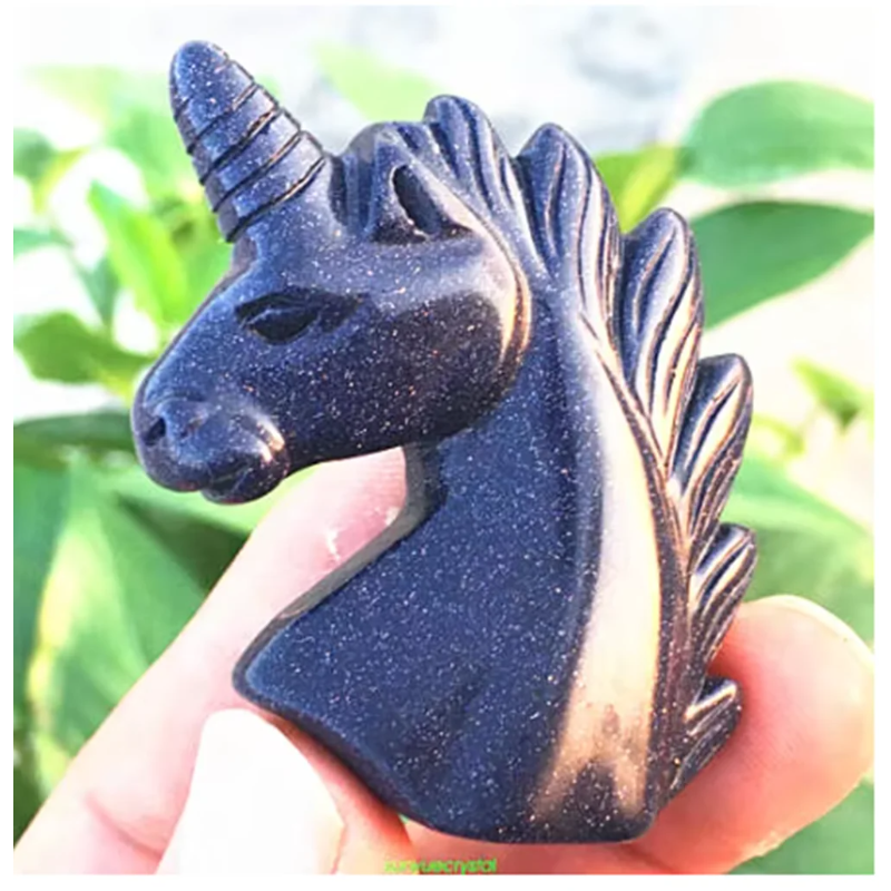 Hand Carved Crystal Healing, Natural Blue Sand Stone, Quartz Unicorn Skull, 1Pc