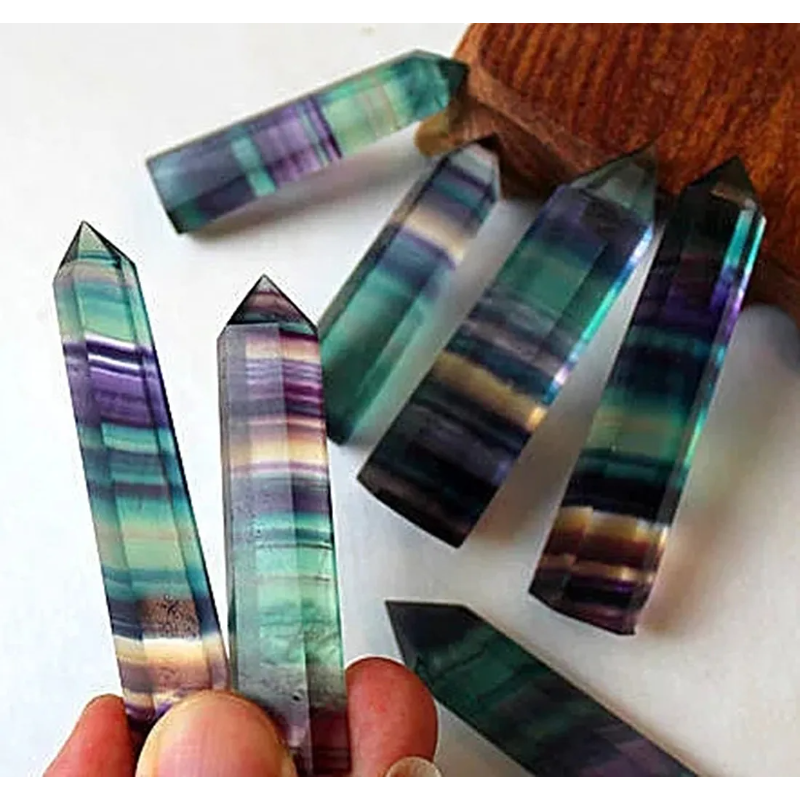 Rainbow Fluorite Crystal Wands — Set of 7 Polished Hexagonal Healing Sticks
