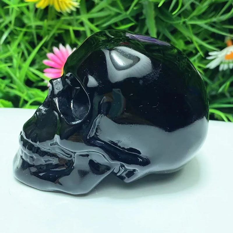 Natural Obsidian Crystal Carved Skull — Hand-Carved Chakra Healing Piece & Home Decor