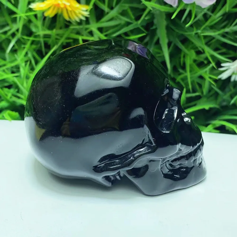 Natural Obsidian Crystal Carved Skull — Hand-Carved Chakra Healing Piece & Home Decor