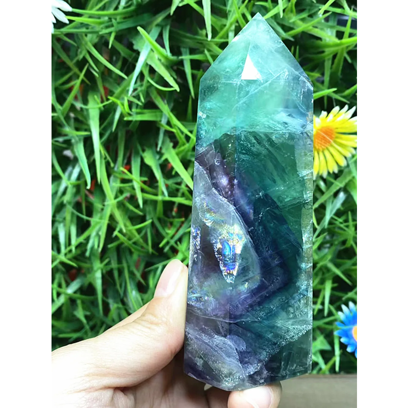 Natural Fluorite Crystal Wand — Polished Quartz Point, Multi-Color Healing Wand