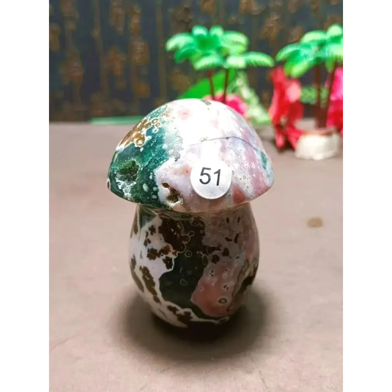 Natural Ocean Jasper Carved Mushroom — Reiki Healing Chakra Home Decor Gift