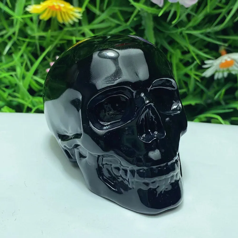 Natural Obsidian Crystal Carved Skull — Hand-Carved Chakra Healing Piece & Home Decor