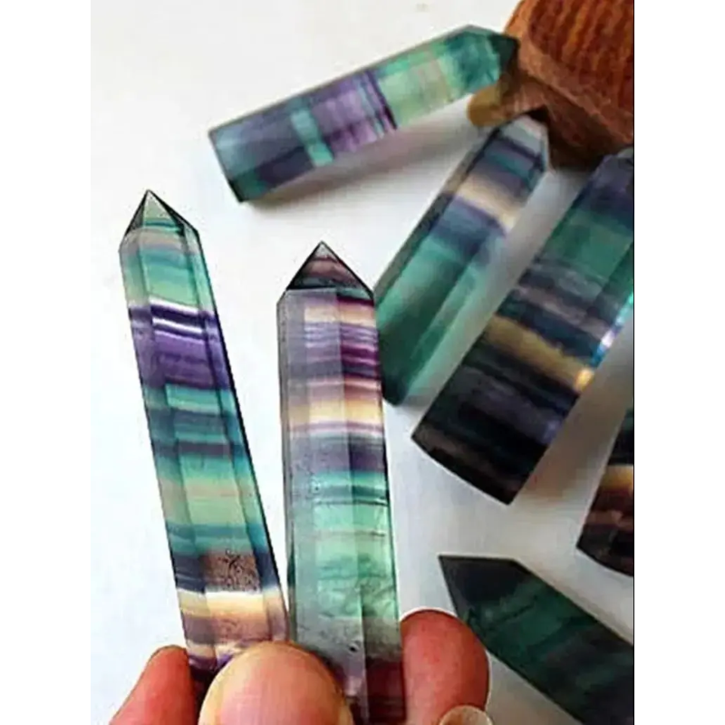 Rainbow Fluorite Crystal Wands — Set of 7 Polished Hexagonal Healing Sticks