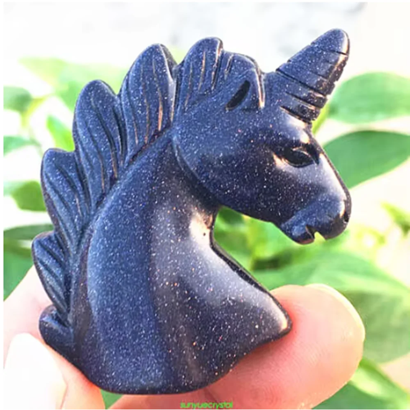 Hand Carved Crystal Healing, Natural Blue Sand Stone, Quartz Unicorn Skull, 1Pc
